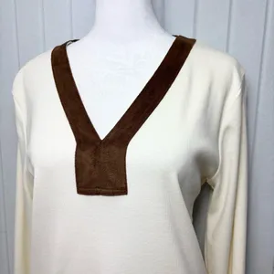 Ralph Lauren V neck Cream and Brown Cotton Long‎ Sleeve Top Size L thumbnail 2