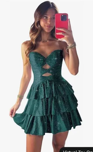 Amazon Strapless Teal Satin Polka Dot Cut Out Ruffle Dress thumbnail 1