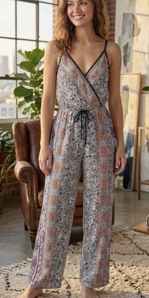 Angie Women’s Boho Wide Leg Jumpsuit Black Orange Spaghetti Strap Festival M thumbnail 1