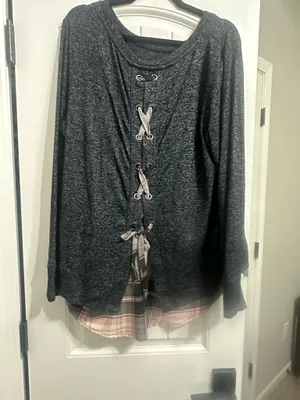 Gray Sweater with pink plaid detail  thumbnail 2