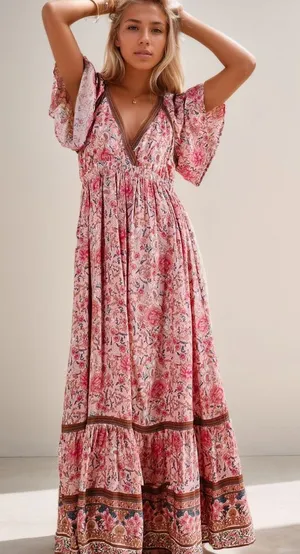 Pink Floral Maxi Dress with V-Neck and Flutter Sleeves thumbnail 1