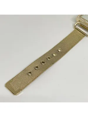 Women’s gold tone watch 27mm square case mop dial rhinestones mesh band running thumbnail 4