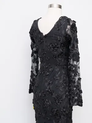 AQUA Formal - Black 3D‎ Floral Appliqué Sheer Sleeve Midi Dress thumbnail 11