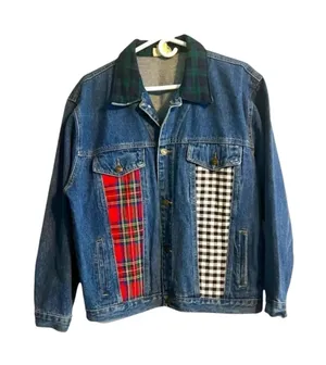 Patchwork Denim Jean Jacket with Plaid Accents Size Medium Blue thumbnail 1