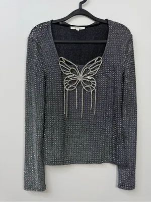 Pastel Rhinestone Butterfly Glitter Long Sleeve Evening Top size L thumbnail 3