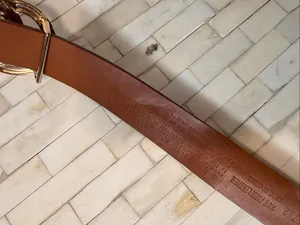Cognac Brown Faux Leather Skinny Belt Gold Double Circle Ring Buckle Womens thumbnail 2