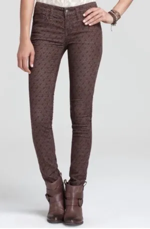 Free People‎ Corduroy Skinny Pants Brown Floral Print Size 28 Low Rise Stretch thumbnail 1