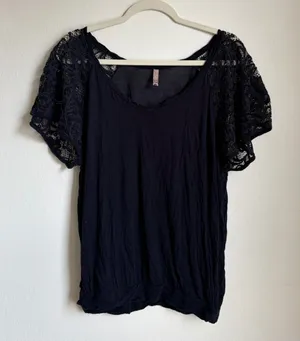 Free People Navy Lace Sleeve Blouse Top thumbnail 1