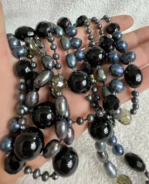 VTG Blk Onyx Baroque Freshwater Tahitian Pearls Crystal Necklace Heavy 52” 161gm thumbnail 1