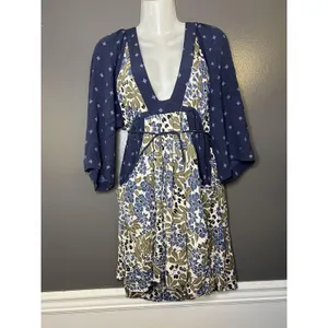 Free People Dress Womens Medium Blue Floral V Neck Kimono Sleeve Boho Short thumbnail 2