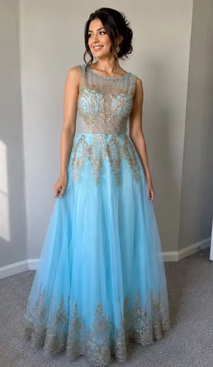 Elegant Long Evening Dress With Sequins Blue Tulle Dress Size 4 thumbnail 1