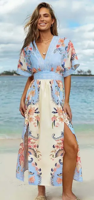 CUPSHE Watercolor Morning Floral V-Neck Smocked Maxi Dress with Side Slits thumbnail 1