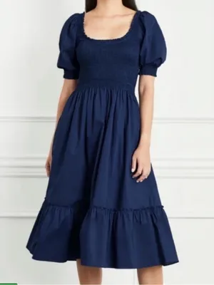 Hill House The Louisa Nap Dress Cobalt Blue Smocked Puff-Sleeve Midi Dress - M thumbnail 5
