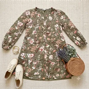 Frye and Co. Womens Olive Green Floral Long Sleeve Tiered‎ Mini Dress Large thumbnail 1