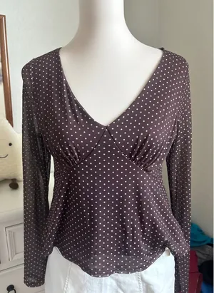Polka Dot Mesh Top Brown Sheer Long Sleeve Y2K Coquette Babydoll V-Neck Medium thumbnail 1