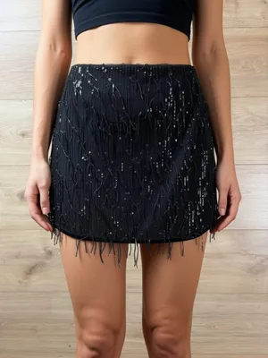 Avec Les Filles Black Sequin Fringe Mini Skirt Large thumbnail 1