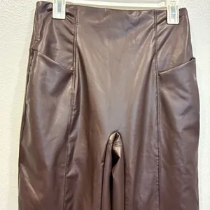 HALARA Women's Wide Leg Brown faux Leather Pants thumbnail 2