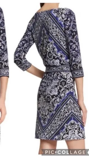 WHBM Women's XS Blue Black Blouson Patterned Keyhole Belted Mini Dress thumbnail 1