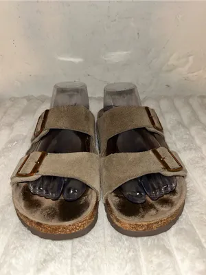 Birkenstock Taupe Suede Two-Strap Sandals with Gold Buckles thumbnail 2