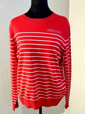 Red Striped Sweater with 'Amour' Embroidery Long Sleeve thumbnail 2