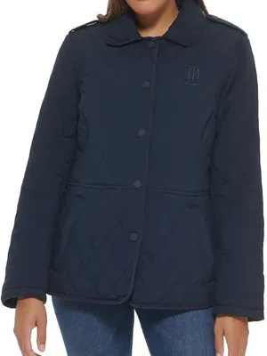 Tommy Hilfiger Women Quilted Button Down Water Resistant Jacket Navy Blue Size L thumbnail 1