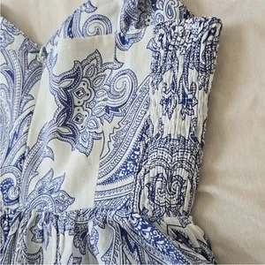 Zara White & Blue Linen Blend Paisley Patterned Fit & Flare Summer Dress Size XS thumbnail 6