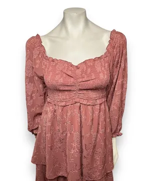 Pink Lily | Textured Floral Long Sleeve Cinched Bust Smocked Mini Tiered Dress L thumbnail 8