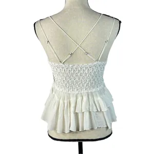 Free People Intimately Medium Adella Cami Top White Ruffled Crochet Lace Smocked thumbnail 6