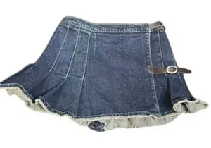 J. Galt Pleated Denim Mini Skirt Dark Wash Buckle Accent Raw Hem Small thumbnail 1