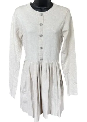 Lulus Beyond Sweet Heathered Beige Pearl Pleated Mini‎ Sweater Dress Sz M thumbnail 1