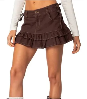 Edikted brown linen mini ruffle skirt thumbnail 1