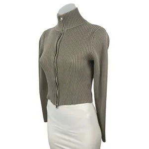 Edikted Olive Green Turtleneck Ribbed Knit Long Sleeve Zip Up Crop Sweater Sz M thumbnail 2