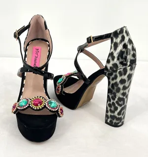 Betsey Johnson Sainte Black Silver Leopard Rhinestone Platform 5” High Heels 7.5 thumbnail 1