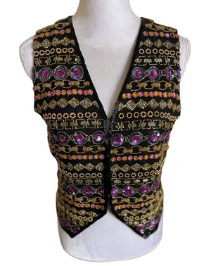 Vintage Niteline Della Sequin Beaded Notched Vest Top Glam size M Silk thumbnail 1