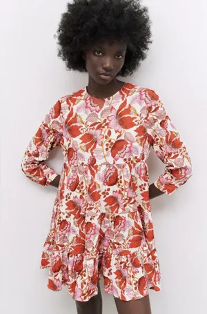ZARA Sharon Crinkled Textured Floral Print Tiered Mini Dress Red/Pink Sz Large thumbnail 1