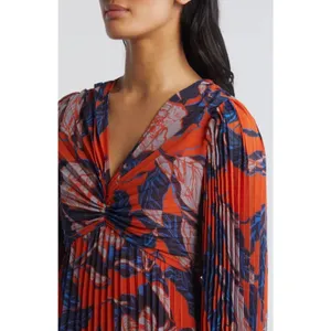 NWT Chelsea28 Floral Print Pleated Long Sleeve Dress Rust Blue Floral Sz XS $149 thumbnail 5