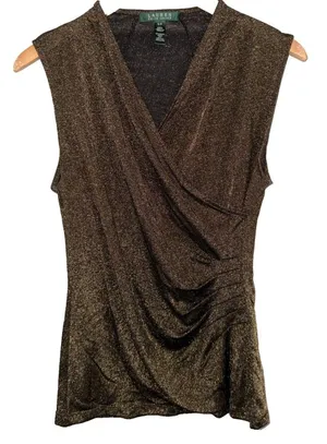 Lauren Ralph Lauren‎ Blouse Small Sleeveless V-Neck gold Metallic stretchy Top thumbnail 1