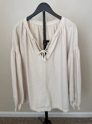 Aerie Oversized French Terry Lace-Up Sweatshirt Cream Oatmeal XL Boho Balloon Sl thumbnail 1