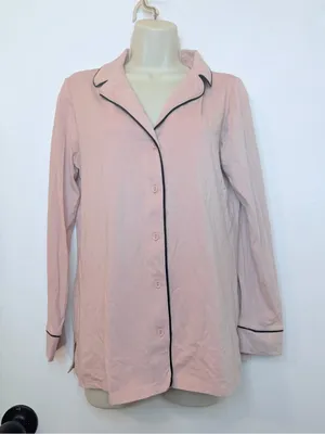 Soma Pink Knit Pajama Top Small Long Sleeve Button Up Black Piping thumbnail 4
