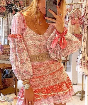 LoveShackFancy Ensley Smocked Embroidered Floral Printed Mini Dress S Fairycore thumbnail 1