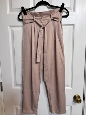 SHEIN Beige High-Waist Paperbag Trousers with Tie Belt thumbnail 2