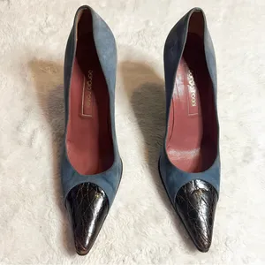 Sergio Rossi Pointed Toe Heals Blue Suede & Embossed Brown Leather Size 37 US 7 thumbnail 3