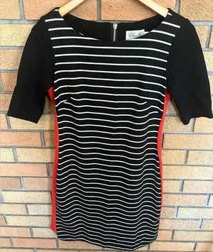 ELIZA J Black & White Striped Short Sleeve Back Zip Jersey Dress Size 4 thumbnail 1