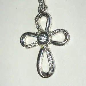 Silver Tone Flower Cross Rhinestone Pendant Necklace thumbnail 4