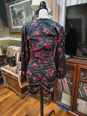 For Love & Lemons Black Floral Ruched Mini Dress with Pink Roses thumbnail 3