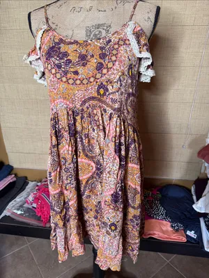 Grace & Lace Boho Paisley Cold Shoulder Mini Dress XS Lace Trim Rayon thumbnail 2