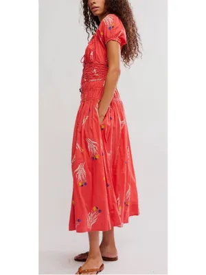 Free People Coral Red Floral Midi Dress NWT thumbnail 5