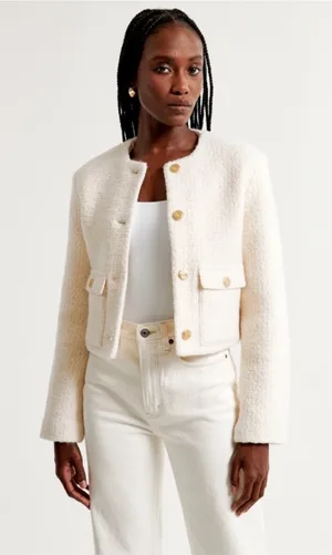 NWT Abercrombie & Fitch Cream Boucle Fabric Gold Button Blazer thumbnail 1