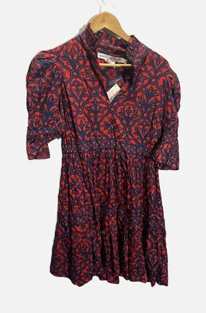 Gretchen Scott Wall of Secrets Dress Womens S Navy Red‎ Damask Tiered Mini Boho thumbnail 1