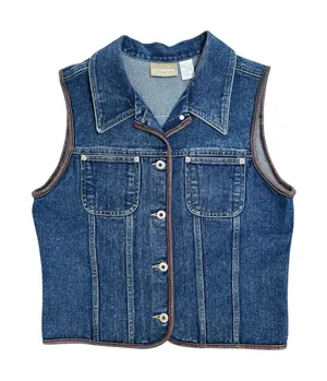 Vintage 90s Liz Claiborne Blue Denim Vest Leather Trimmed M Grunge Preppy Boho thumbnail 1